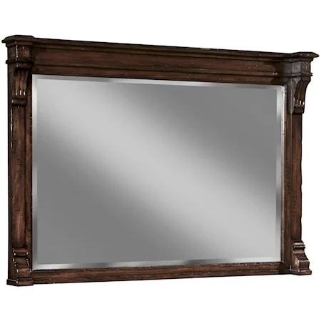 Beveled Landscape Dresser Mirror with Heavy Artistic Distressing & Molding Details